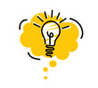 Bright yellow speech bubbles with icons light bulb. Concept ideas or insight.