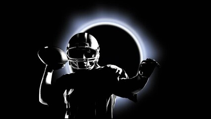 Poster - Animation of silhouette of male rugby player throwing a ball over glowing ring on black background