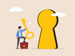 Goal achievement concept. Key to success, unlock secret door to growing business, opportunity for career path, confidence businessman holding golden key and running to unlock keyhole to reach target.