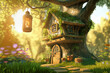 fairy tale hobbit tree house on a sunny day in the forest