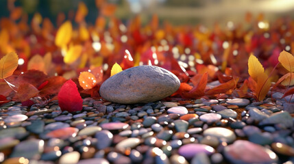 Poster - A stone on the ground with colorful leaves and a stone on the ground.