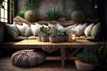Wall Mural - natural wood table surrounded by plush cushions and exotic plants, created with generative ai