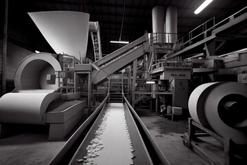 Wall Mural - pulp and paper factory, with conveyor belt carrying rolls of paper, created with generative ai