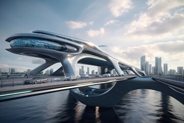 Wall Mural - futuristic and conceptual bridge, with futuristic vehicles traveling across it, created with generat