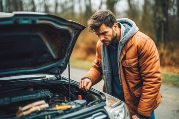 Man looking at the broken down car at the side of the road. Open hood on car and man trying to fix it. Generative AI