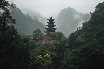 Wall Mural - ancient pagoda in the misty mountains, surrounded by greenery, created with generative ai