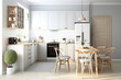 © DavidGalih | Dikomo. - Scandinavian contemporary style kitchen with eating area and simplistic accents. 3d rendering