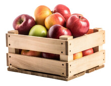 Wooden Box With Rustic Apples. Isolated On A Transparent Background. KI.