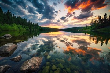 Wall Mural - crystal clear lake with sunset and clouds in the background, created with generative ai