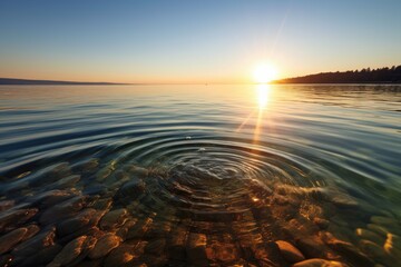 Wall Mural - crystal clear lake at sunrise, with a view of the sun peeking over the horizon, created with generative ai