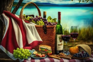 Wall Mural - picnic blanket with picnic basket, bottles of wine, and delicious treats, created with generative ai