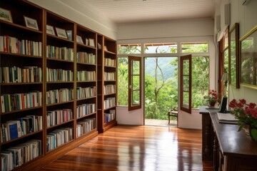 Wall Mural - library, with books and reading materials on shelves, surrounded by peaceful and tranquil setting, created with generative ai