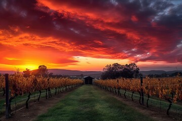 Wall Mural - vineyard with dramatic sunset, showcasing the vibrant colors of the sky, created with generative ai