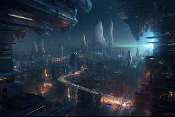 Wall Mural - nighttime view of bustling galactic city, with countless lights shining from buildings and spacecraft, created with generative ai