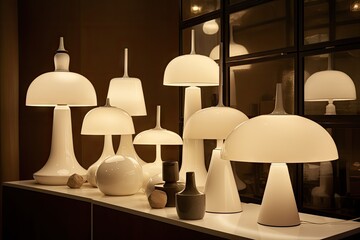 Wall Mural - bright white light from overhead fixture, with warm glow of table lamps, created with generative ai