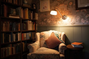 Wall Mural - a cozy reading nook with a lamp and book, created with generative ai