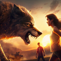 Poster - wolf howling at sunset