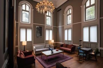 Wall Mural - lahe room with high ceilings and modern furniture, the contrast of old and new, created with generative ai