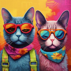  2 cool cats wearing sunglasses, bright colors.