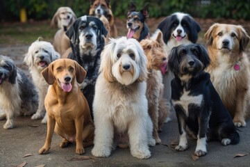 Wall Mural - group of dogs, each with their own unique personality and expression, looking at you, created with generative ai