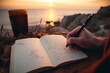 Traveler writing on his journal in front of lake at sunset. Close up shot. Generative AI