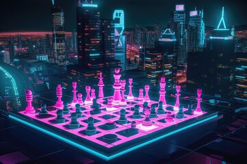 Wall Mural - neon chess game in a futuristic cityscape, with buildings and stars in the background, created with 