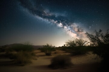 Poster - desert with night sky full of stars and shooting stars visible, created with generative ai