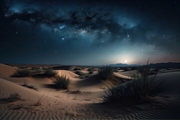 Wall Mural - night sky with stars and moon above desert dunes, casting mystical light over the landscape, created