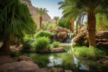 Wall Mural - oasis with waterfall and lush greenery, surrounded by desert, created with generative ai