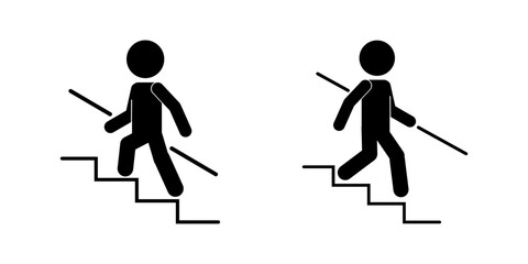 Bundle set isolated outline illustration safety sign of man walking down and climbing up stair or ladder, graphic resource for safety building sign, indoor information label