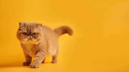 Wall Mural - Exotic shorthair cat post on yellow background with copyspace (Generative AI)