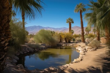 Poster - desert oasis, with view of distant mountain range and clear blue sky, created with generative ai