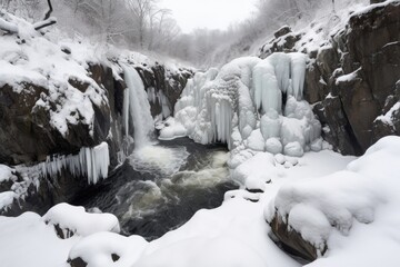 Wall Mural - dramatic waterfall scene in winter, with snow and ice on the rocks, created with generative ai