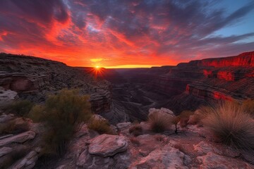 Wall Mural - vibrant sunset over canyon, with the setting sun casting brilliant reds and oranges, created with generative ai