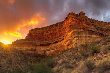 Wall Mural - majestic cliff face, with the sun setting behind a fiery sky, casting warm and golden light on canyon, created with generative ai