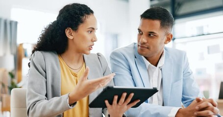 Poster - Tablet, discussion and business people in office for planning, online website and internet email. Collaboration, teamwork and man and woman on digital tech for communication, network and meeting