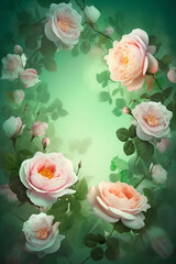 Wall Mural - frame of blooming pink roses on green background