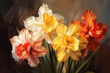 Wall Mural - still life with colorful gladioli on dark background