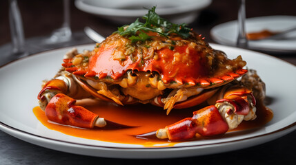 Wall Mural - dish of boiled crab in tomato sauce on a white plate ,generative ai