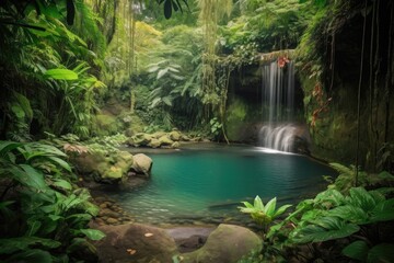 Wall Mural - majestic waterfall cascading into tranquil jungle pool, created with generative ai