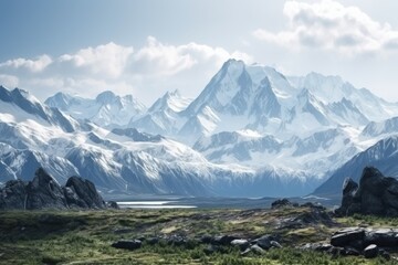 Wall Mural - majestic mountain landscape with snow-covered peaks and glaciers in the background, created with generative ai