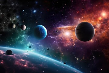 Wall Mural - stars and nebulas in a panoramic view of the universe, with planets and galaxies in the background, 