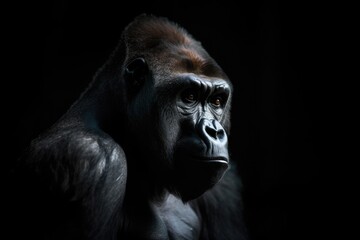 Wall Mural - gorilla on black background, with dramatic lighting, created with generative ai