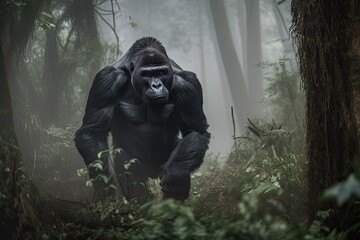 Canvas Print - gorilla moving through misty jungle, its large body and muscular limbs hinting at strength, created with generative ai