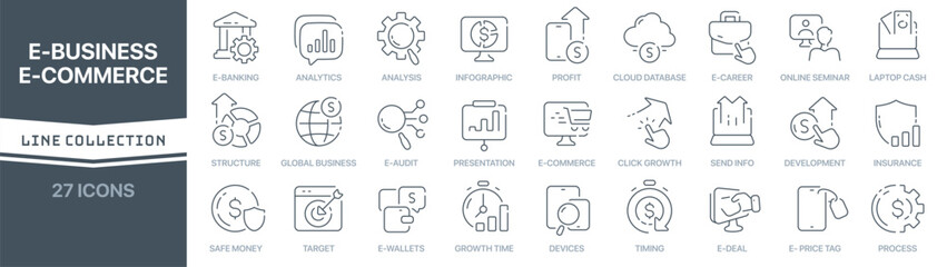 Aufkleber - E-business linear signed icon collection. Signed thin line icons collection. Set of e-business simple outline icons