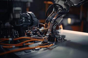 Wall Mural - close-up of a robotic arm with greasy cables, working on a machine, created with generative ai