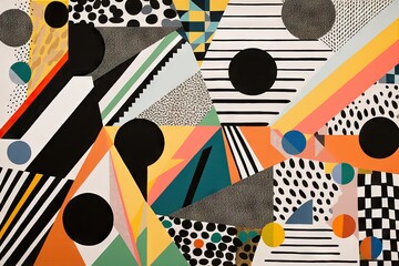 Wall Mural - geometric canvas, featuring black and white shapes against a backdrop of colorful stripes, created w