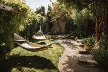 Sticker - a garden oasis with lounge chairs and a hammock, created with generative ai