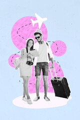Vertical collage picture of two black white gamma people hold suitcase use tablet gadget book buy tickets flying plane isolated on blue background