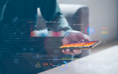 artificial intelligence Digital transformation change management, internet of things. man  holding smartphone working on virtual diagram, smart industry.Ai tech,data analysis